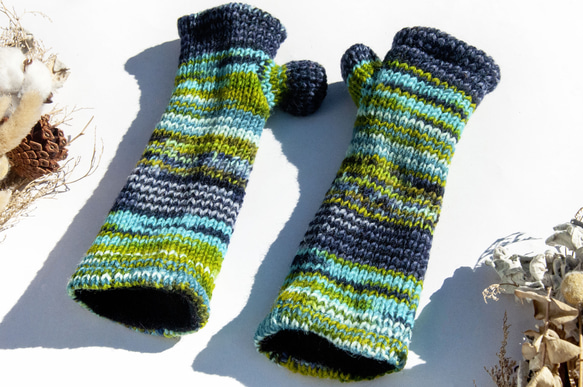 手編みの純毛ニット手袋/つま先の開いた手袋/内側起毛手袋/暖かい手袋 - 北欧のブルーとグリーンのグラデーションニット、友人、誕 1枚目の画像