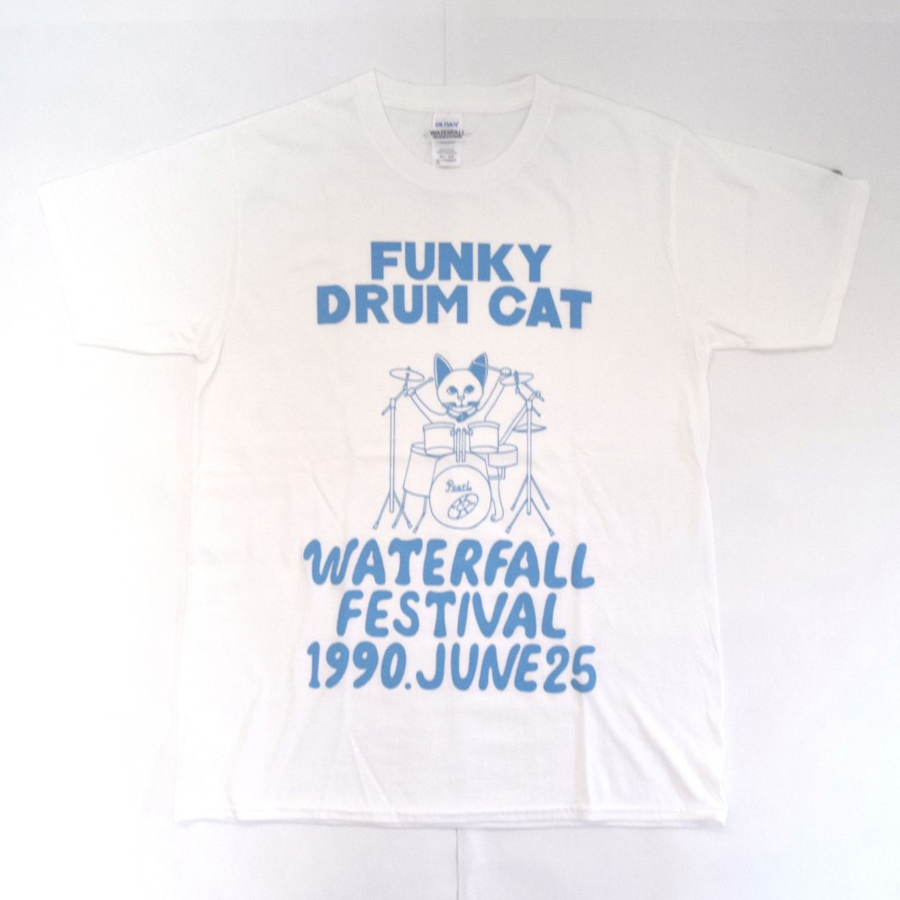 猫ツアーT「猫ドラム」（レコードワッペン）　ホワイト　XLサイズ　夏　WATERFALLオリジナル　生産数量限定品