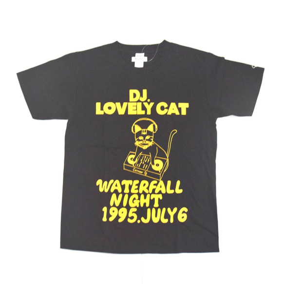 猫ツアーT「DJ猫」（レコードワッペン）　ブラック　XLサイズ　夏　WATERFALLオリジナル　生産数量限定品 1枚目の画像