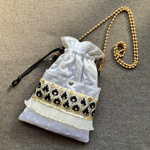 インド刺繍リボン　巾着ショルダーバッグミニ 1枚目の画像