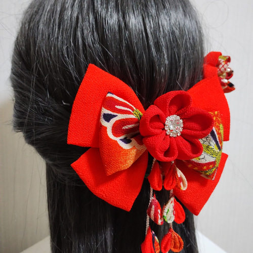 髪飾り朱色 髪飾り リボン朱色 成人式髪飾り 卒業式髪飾り 七五三髪