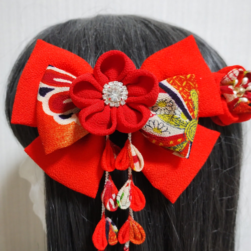 髪飾り朱色 髪飾り リボン朱色 成人式髪飾り 卒業式髪飾り 七五三髪