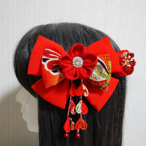 髪飾り朱色 髪飾り リボン朱色 成人式髪飾り 卒業式髪飾り 七五三髪