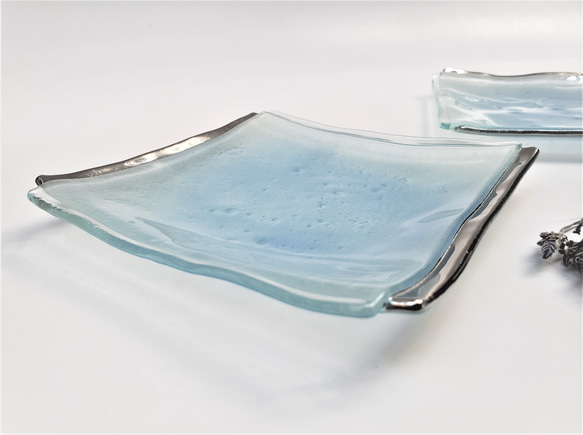 ガラス皿　プラチナ枠　15㎝角 7枚目の画像