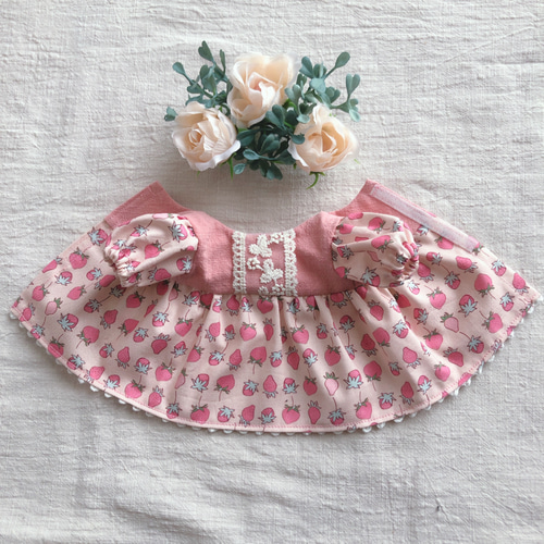 26cmドール用 裏地付き♡いちごとお花のワンピース ソランちゃん