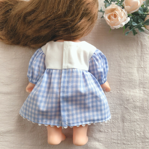 26cmドール用 長袖♡チェックのスカイブルーワンピース ソランちゃん