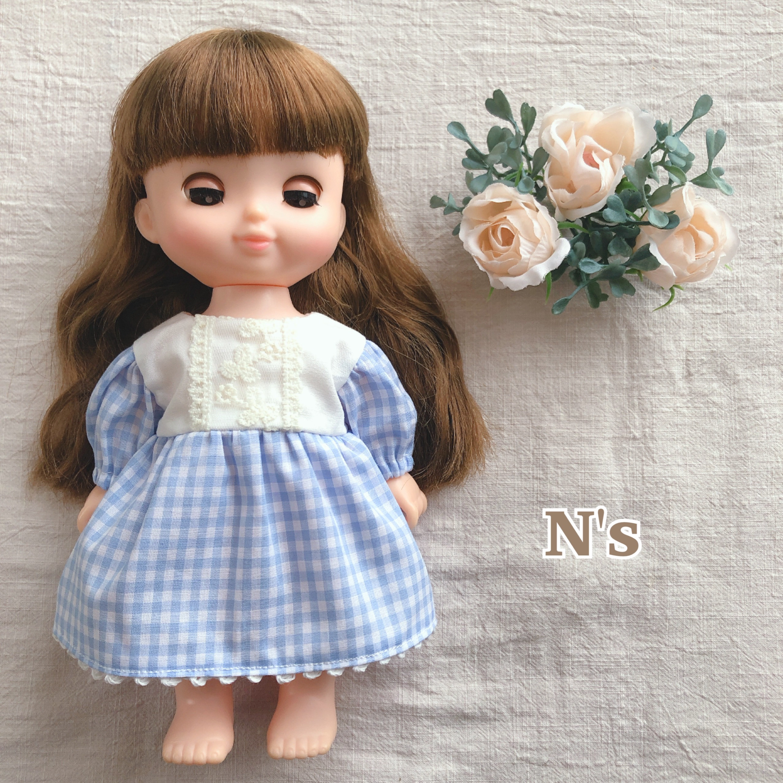 26cmドール用 長袖♡チェックのスカイブルーワンピース ソランちゃん