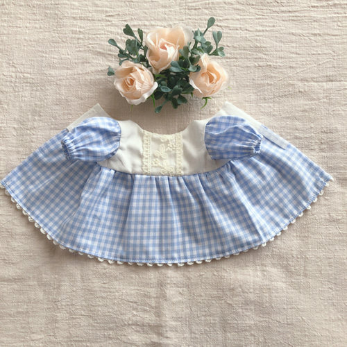 26cmドール用 長袖♡チェックのスカイブルーワンピース ソランちゃん