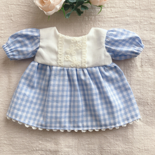 26cmドール用 長袖♡チェックのスカイブルーワンピース ソランちゃん