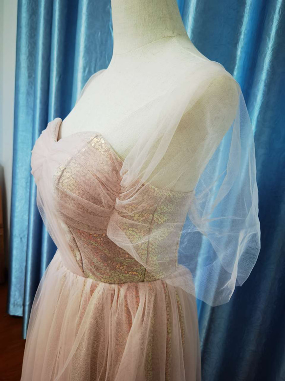 結婚式 高級 カラードレス  オーダーメイド ベアトップ  キラキラチュール ふわふわ袖 花嫁/ G022 13枚目の画像