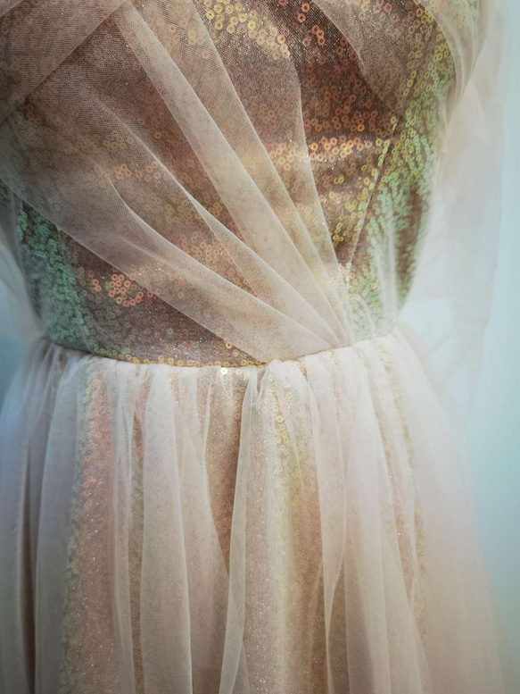 結婚式 高級 カラードレス  オーダーメイド ベアトップ  キラキラチュール ふわふわ袖 花嫁/ G022 3枚目の画像