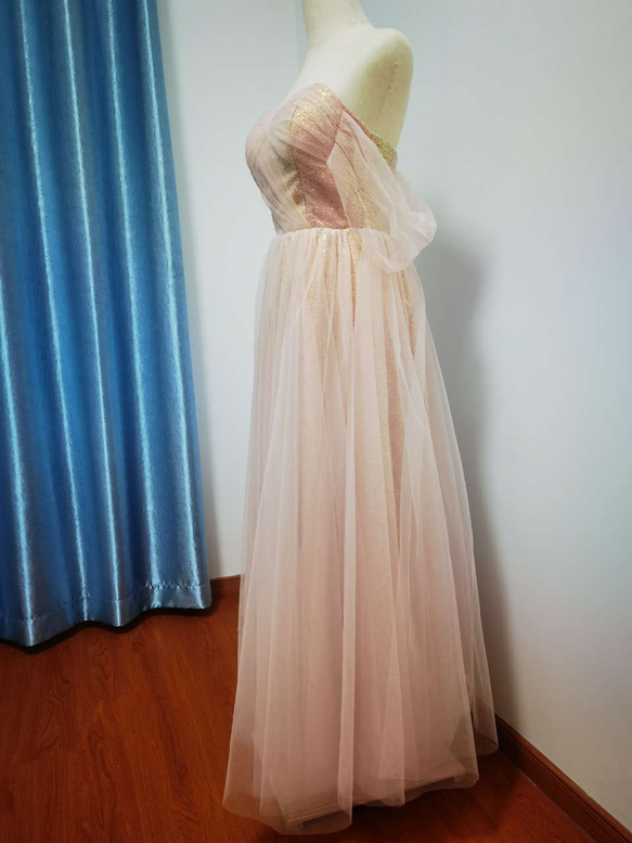 結婚式 高級 カラードレス  オーダーメイド ベアトップ  キラキラチュール ふわふわ袖 花嫁/ G022 4枚目の画像