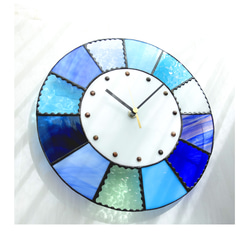 28㎝φ・ステンドグラスの時計（掛時計・置時計）クッキー＊ブルー系 4枚目の画像