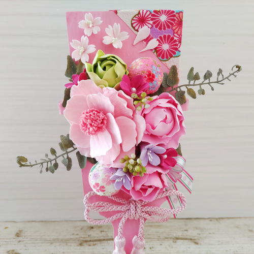 受注製作】羽子板飾り(ピンク)スタンド付＊クレイフラワー＊ひな祭り