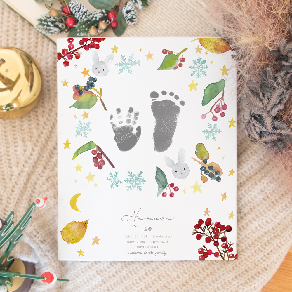 うさぎと雪と南天の命名書  足形 手形 キャンバス  オーダーメイド 名入れ ベビーポスター キャンバスボード