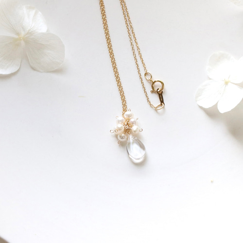 天然石クリスタルの雫×淡水パール ネックレス&ピアス セット