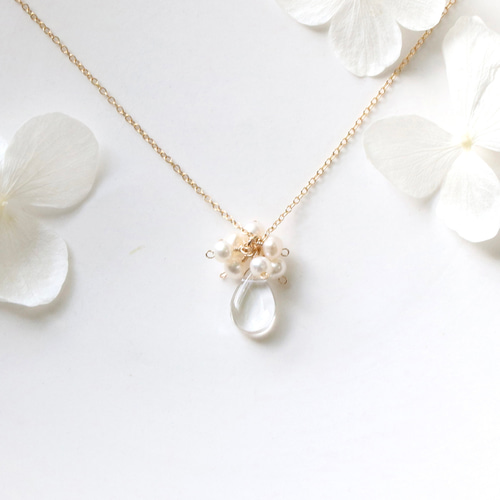 天然石クリスタルの雫×淡水パール ネックレス&ピアス セット
