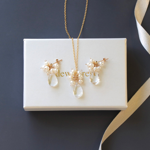 天然石クリスタルの雫×淡水パール ネックレス&ピアス セット