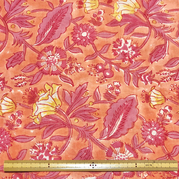 【50cm單位】橘紅黃花印度手工塊印花布料棉質 第6張的照片