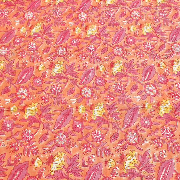 【50cm單位】橘紅黃花印度手工塊印花布料棉質 第3張的照片