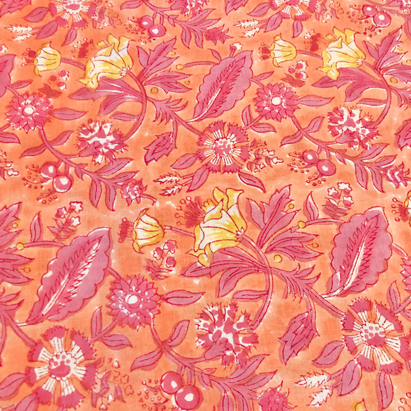 【50cm單位】橘紅黃花印度手工塊印花布料棉質 第2張的照片