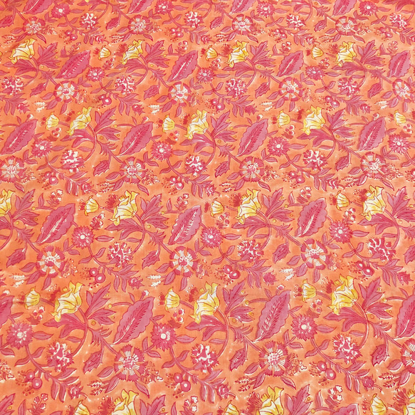 【50cm單位】橘紅黃花印度手工塊印花布料棉質 第4張的照片
