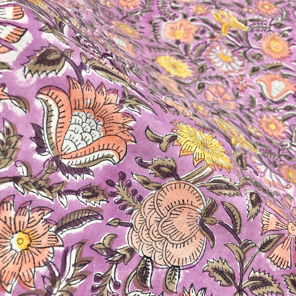 【50cm單位】紫鮭魚黃花印度手工塊印花布料棉質 第5張的照片