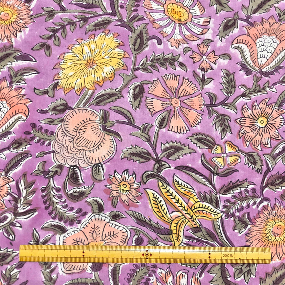 【50cm單位】紫鮭魚黃花印度手工塊印花布料棉質 第6張的照片