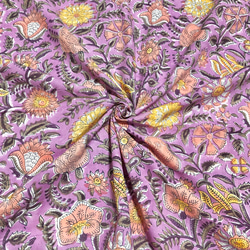 【50cm單位】紫鮭魚黃花印度手工塊印花布料棉質 第1張的照片