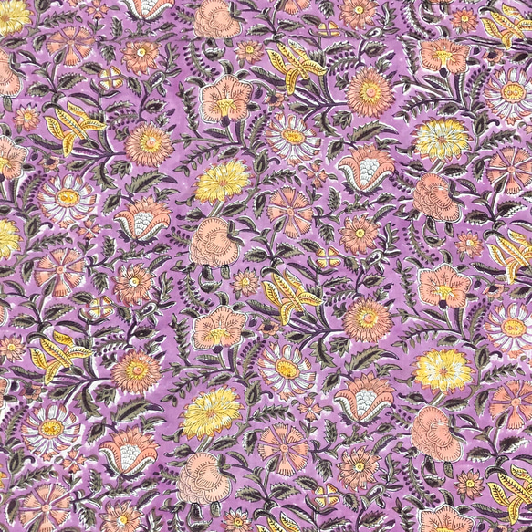 【50cm單位】紫鮭魚黃花印度手工塊印花布料棉質 第4張的照片