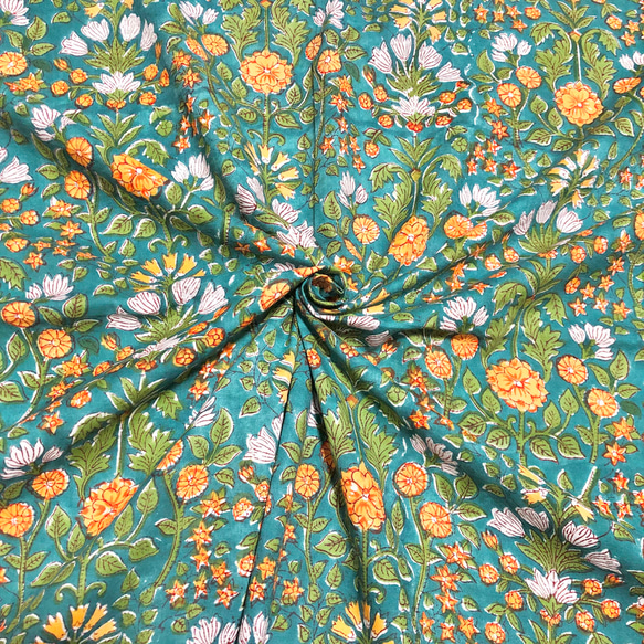 【50cm單位】綠藍黃白花印地安手工版畫布料棉質 第1張的照片