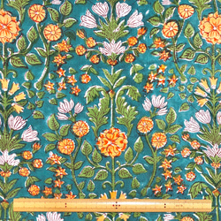 【50cm單位】綠藍黃白花印地安手工版畫布料棉質 第6張的照片