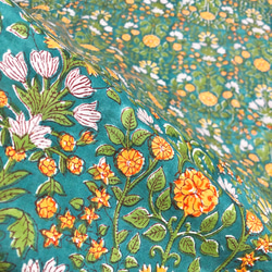 【50cm單位】綠藍黃白花印地安手工版畫布料棉質 第5張的照片