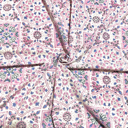 【50cm單位】白色粉紅色方形藍色花葉印度手工塊印花布料棉質 第1張的照片