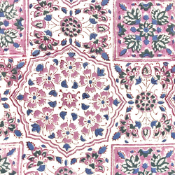 【50cm單位】白色粉紅色方形藍色花葉印度手工塊印花布料棉質 第2張的照片