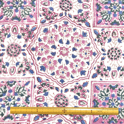【50cm單位】白色粉紅色方形藍色花葉印度手工塊印花布料棉質 第6張的照片