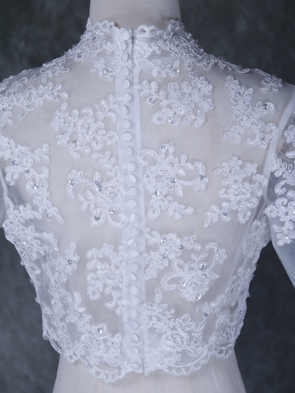 ボレロ ロングスリーブ ビーズ キラキラスパンコール ハンドメイド くるみボタン ウェディングドレス 5枚目の画像