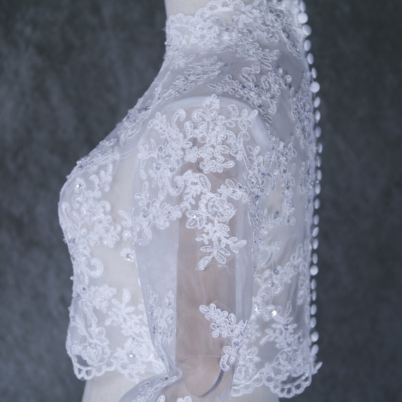 ボレロ ロングスリーブ ビーズ キラキラスパンコール ハンドメイド くるみボタン ウェディングドレス 7枚目の画像