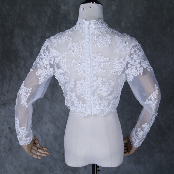 ボレロ ロングスリーブ ビーズ キラキラスパンコール ハンドメイド くるみボタン ウェディングドレス 4枚目の画像