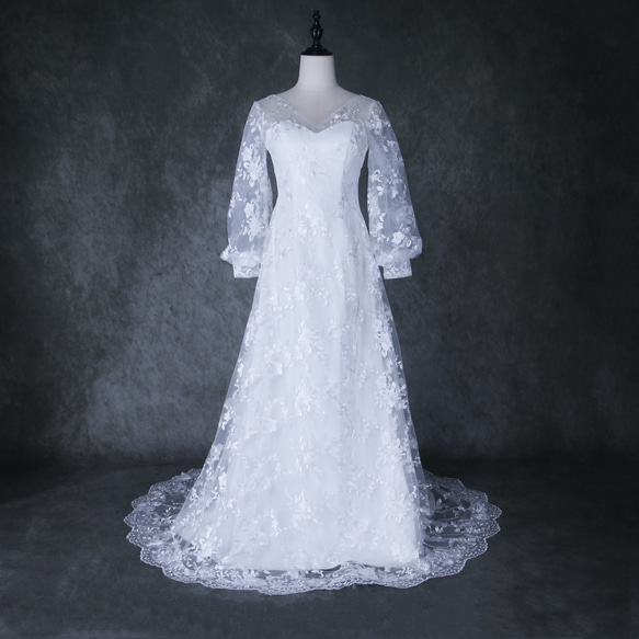 ウェディングドレス 上品透け袖 贅沢な小花総レース 披露宴/結婚式  