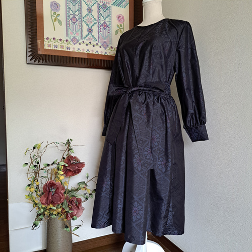 ☆ 着物リメイク/大島紬/一点もの/ギャザーワンピ―ス