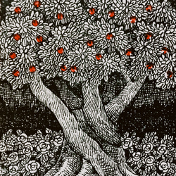 ミニ原画【一点物】「クロガネモチの木」アンティーク風なペン画のインテリアアート　木の絵画　ビーズ　 2枚目の画像