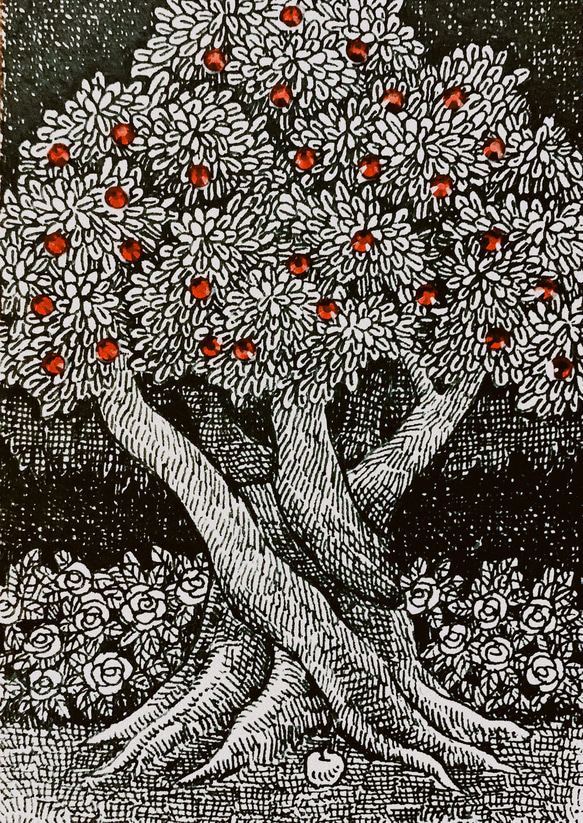 ミニ原画【一点物】「クロガネモチの木」アンティーク風なペン画のインテリアアート　木の絵画　ビーズ　 2枚目の画像