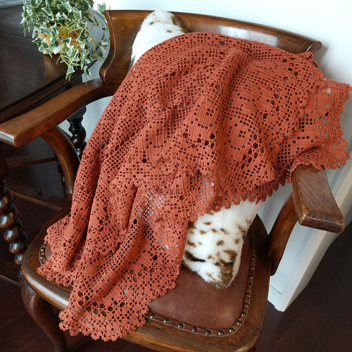 三角ショール✻ストール✻ソファカバー✻羽織り✻テラコッタオレンジ