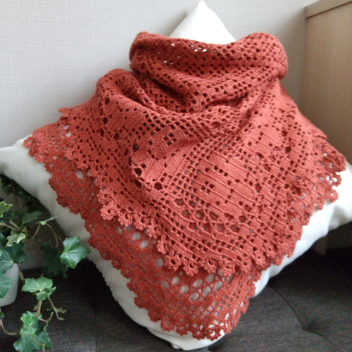 三角ショール✻ストール✻ソファカバー✻羽織り✻テラコッタオレンジ