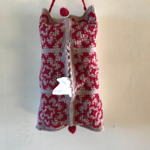 壁掛け　かぎ針編みのあみ込みティッシュケース　ティッシュカバー　かぎ針　毛糸　ウール 1枚目の画像