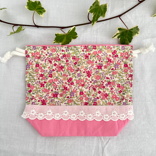 お弁当袋3点セット(ローズピンクレース付き花柄)コップ袋、お弁当袋