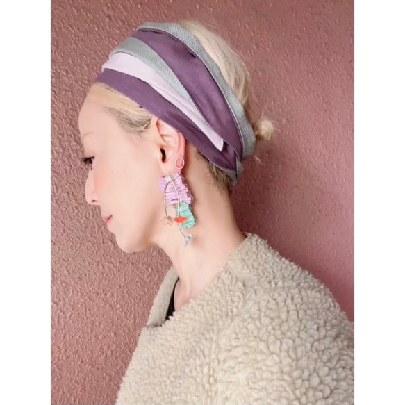 RATA ❤️捲起式頭巾❤️淡紫色x灰色❤️柔軟的彩色棉麻❤️可自由包裹 第1張的照片