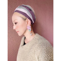 RATA ❤️捲起式頭巾❤️淡紫色x灰色❤️柔軟的彩色棉麻❤️可自由包裹 第2張的照片
