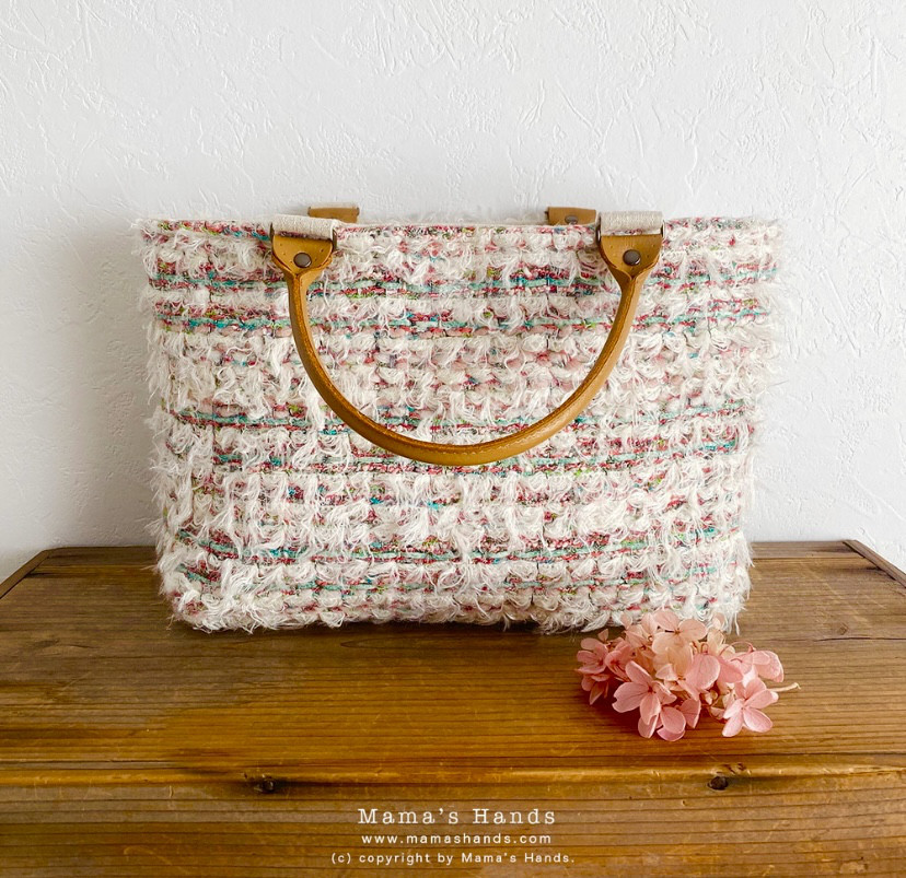 残1点⭐️掲載作品⭐️3点売れました《大人可愛いピンク》ツイード パステル オフホワイト 革 小 手提げ トートバック